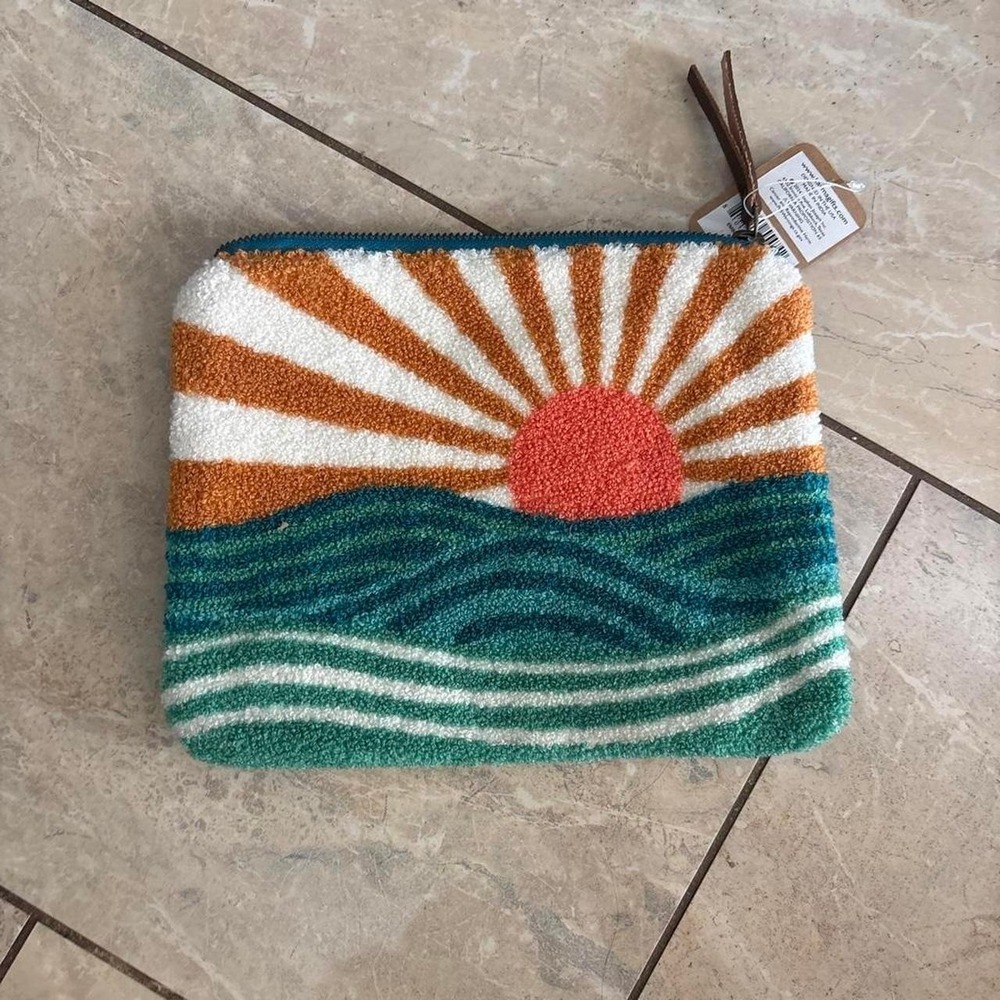 Karma Gifts Sunset Clutch Pouch Tufted Sun Ocean Waves Teal Orange New